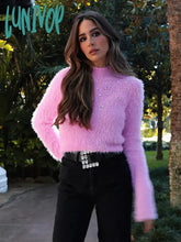 Lunivop Elegant Pink Mohair Knit Diamond Jumper For Women Long Sleeve Mock Neck Soft Warm Sweet